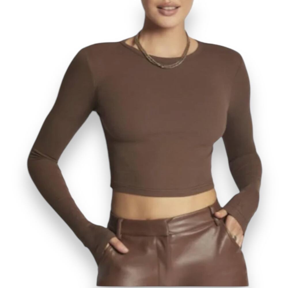 Meshki Caroline Long Sleeve Ribbed Fitted Cropped Top Women's XL Brown Neutral